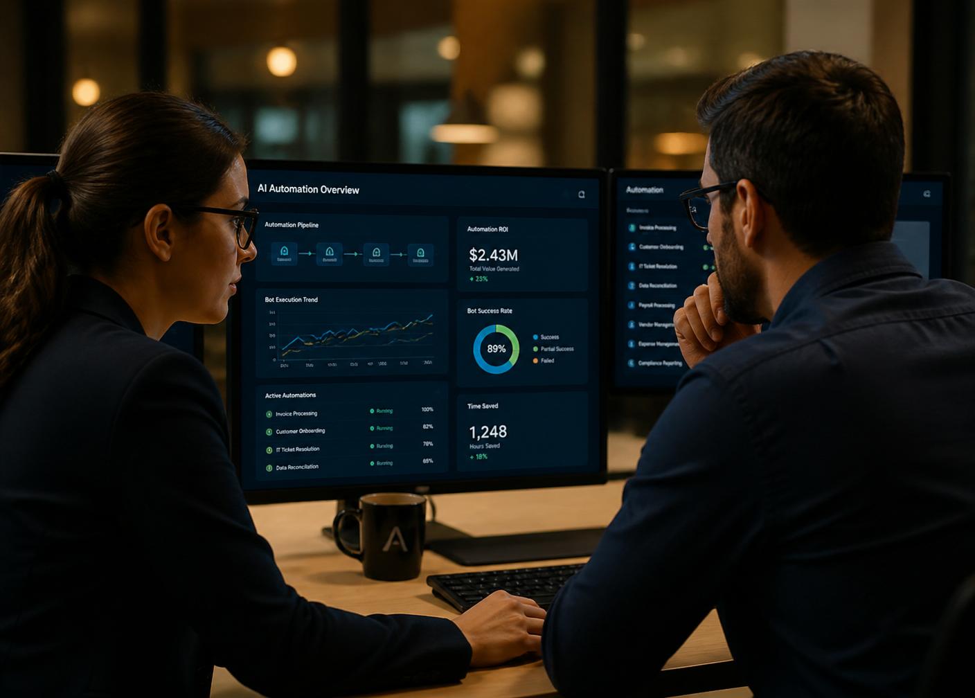 Consultants reviewing an AI automation dashboard showing ROI and hours saved